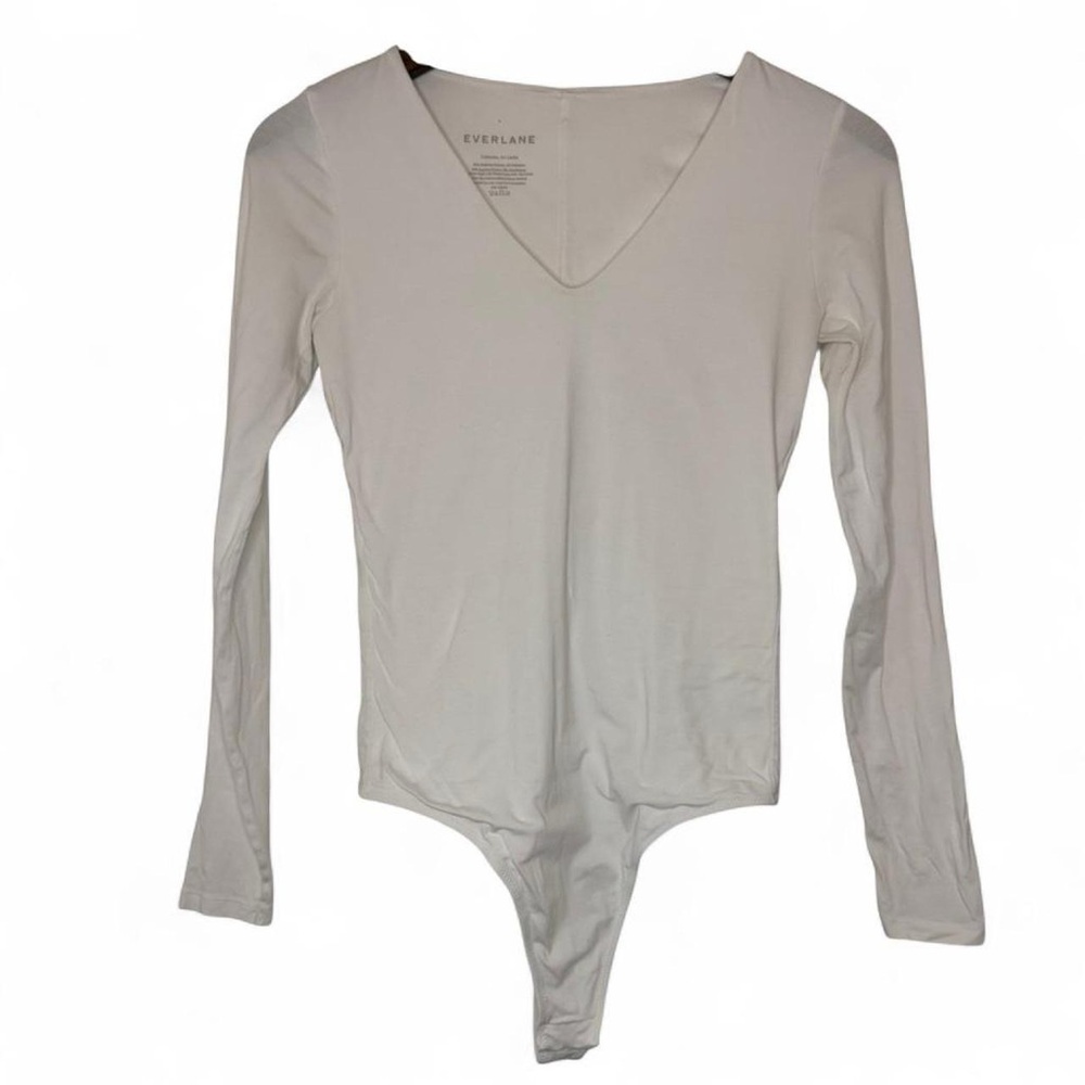 Everlane Small White V-Neck Long Sleeve Bodysuit Wardrobe Staple with Clasp